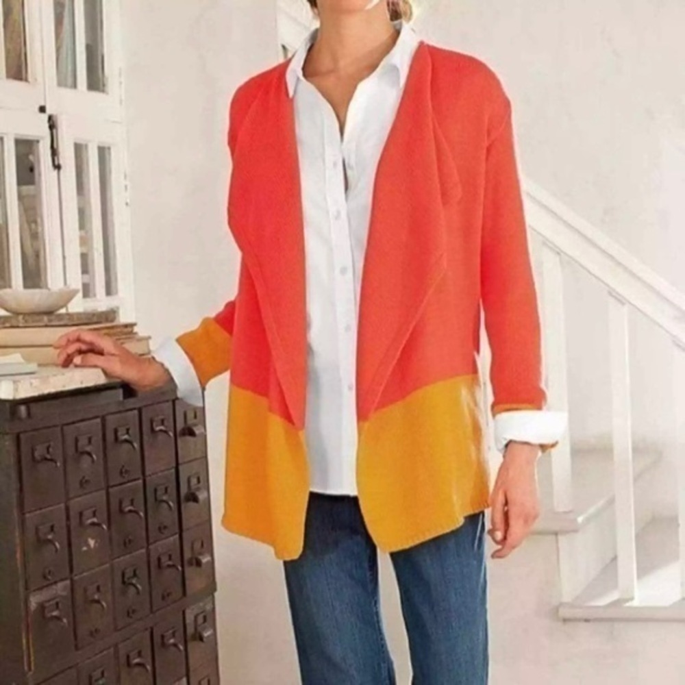 J.Jill Coral Pink-Orange color block knit draped open front knit cardigan Sz.M